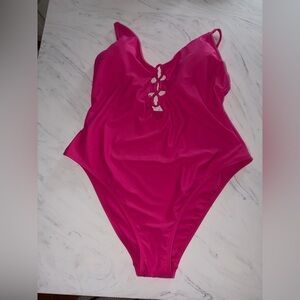 Shade & shore pink solid lattice tie one piece swim bathing suit xl new nwt